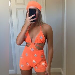 NEW Orange Star-Embellished Halter Romper and bandana